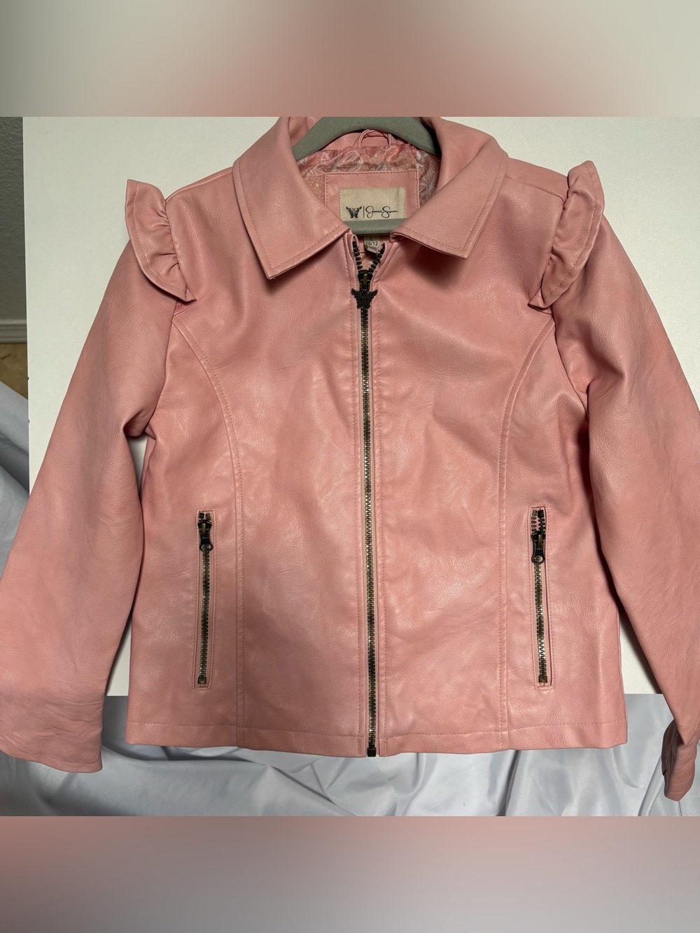 Girls' Pink Faux Leather Zip Jacket with Ruffle Shoulders